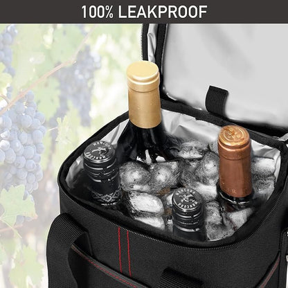 Opux 4 Bottle Insulated Wine Cooler Bag - Leakproof Padded Portable Wine Bottle Carrier for Travel Picnic BYOB Gift (Black)