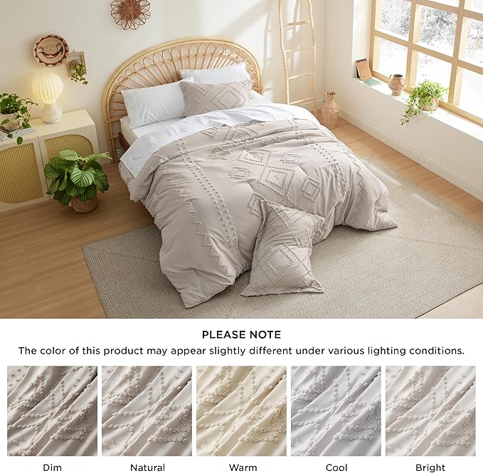 Bedsure Boho Comforter Set Queen - Linen Tufted Bedding Comforter Set, 3 Pieces Farmhouse Shabby Chic Embroidery Bedding Set, Soft Geometric Pattern Comforter for All Seasons