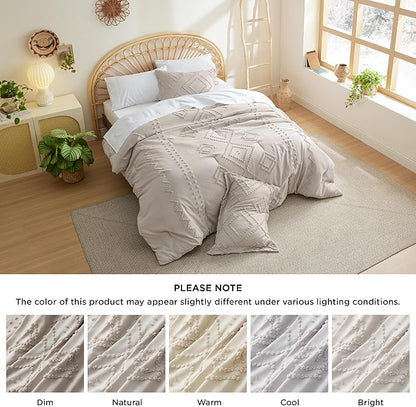 Bedsure Boho Comforter Set King - Linen Tufted Bedding Comforter Set, 3 Pieces Farmhouse Shabby Chic Embroidery Bedding Set, Soft Geometric Pattern Comforter for All Seasons