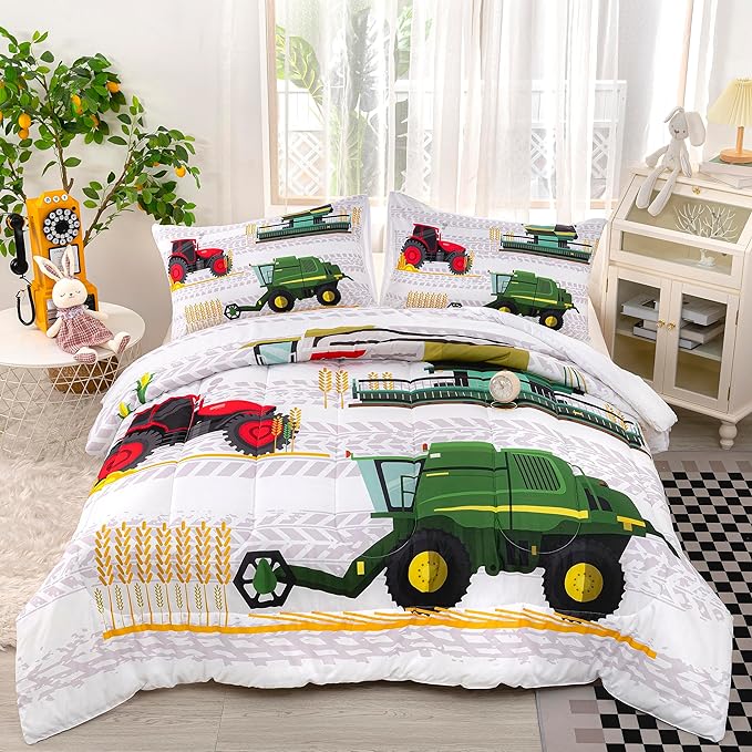 CVHOUSE Tractor Bedding Sets for Boys,Excavators Comforter King,Boys Cartoon Truck Comforter Set,Trucks Tractors Cars Quilt Set with 1 Comforter and 2 Pillow Cases- 3 Piece