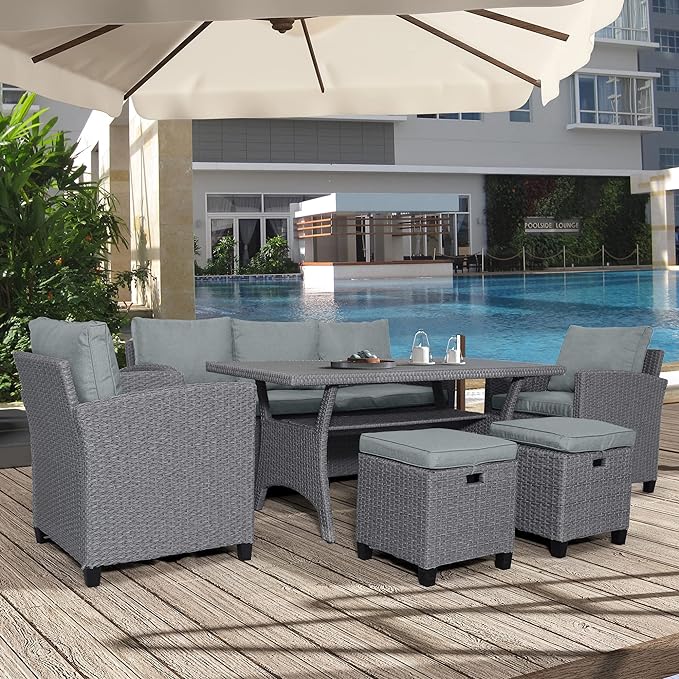 7 Pieces Patio Furniture Outdoor Sectional Sofa Conversation Set All Weather Wicker Rattan Couch Dining Table & Chair with Ottoman, OneSize, Cb-Grey