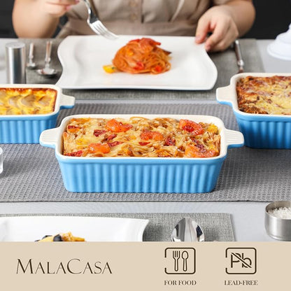 MALACASA Casserole Dishes for Oven, Ceramic Bakeware Set of 4, Blue | Deep Lasagna Pans for Versatile Use, Durable Bakeware for Roasting Vegetable, Gift Set, Dishwasher Safe(9.4/11.1/12.2/14.7")