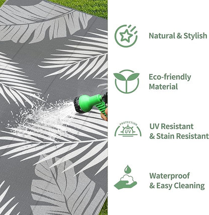 GENIMO Outdoor Rug 9' x 18' Waterproof for Patios Clearance, Reversible, Plastic Straw Camping Rug Carpet, Large Area Rugs Mats for RV, Picnic, Backyard, Deck, Balcony, Porch, Beach, Grey&White