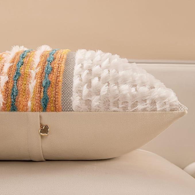 Boho Chenille Tufted Couch Throw Pillow Covers 18x18 Inch Set of 2 Farmhouse Striped Decorative Pillow Covers Accent Neutral Pillowcase Yellow Teal Cushion Cover for Living Room Sofa Bed