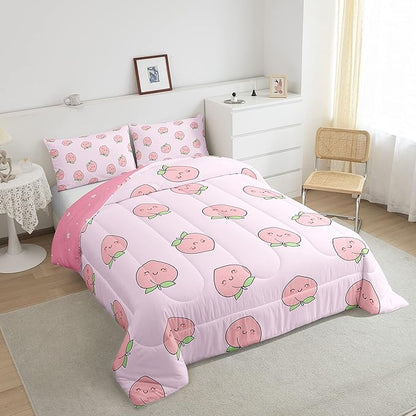 Cartoon Comforter Set Twin Size Pink Peach Bedding Set Kid Kawaii Down Comforter Girl Lovely Peach Duvet Set Cute Fruits Comforter Tropical Plant Bedding Reversible Soft Lightweight Room Decor