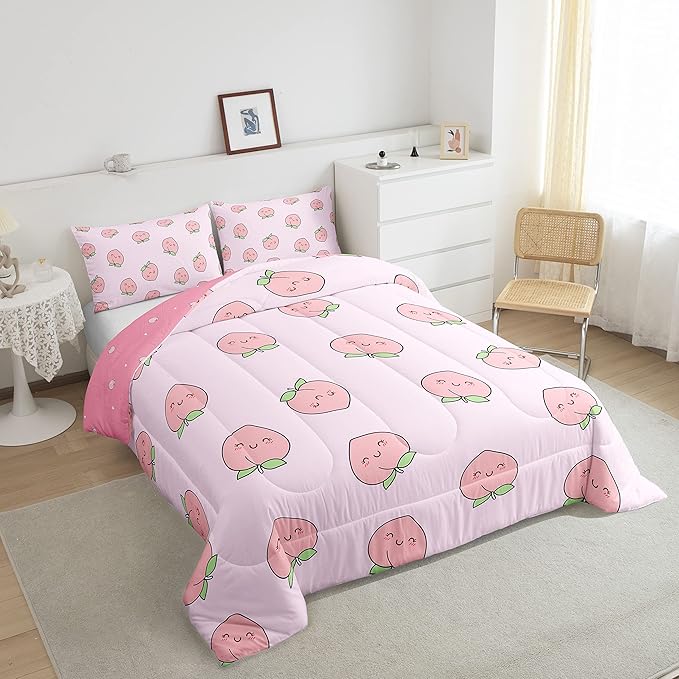 Erosebridal Peach Comforter Set Queen for Girls Women Kids Cute Cartoon Red Fruit Printed Reversible Bedding Set Kawaii Decor Soft Warm Quilt Duvet Set Pink Nature Plant Comforter
