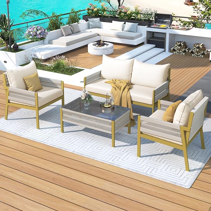 4-Piece Patio Conversation Furniture Set, Rope Weave Outdoor Loveseat Sofa with 2 Armchairs, Thick Cushion&Tempered Glass Table, for Garden Backyard, Onesize, Beige+Mustard Yellow