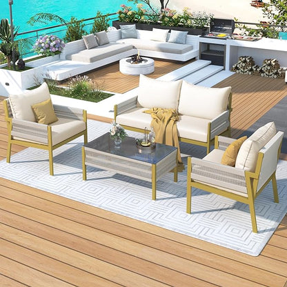 4 Piece Patio Furniture Set, Outdoor FSC Certified Acacia Wood Conversation Set, All-Weather Rope Sofa Set w/Tempered Glass Table, Loveseat for Lawn Balcony Poolside, Backyard, Backyard