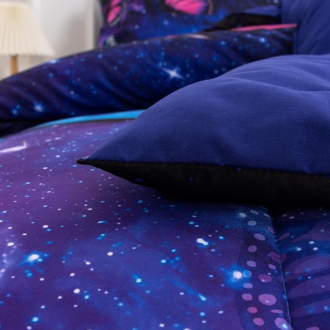 Btargot 3 Piece Butterfly Pattern Girls Comforter Set with 2 Pillow Covers, Galaxy Outer Space Printed Bedding Set for Women, Queen Purple Blue