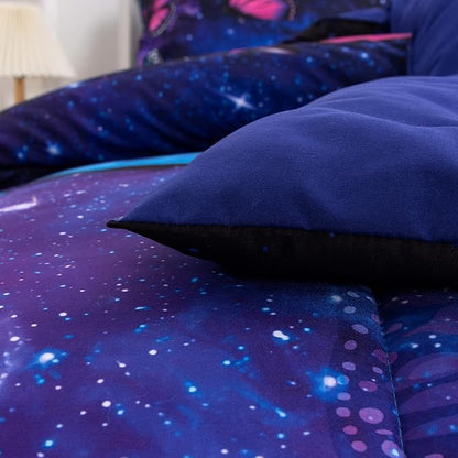 Btargot 3 Piece Butterfly Pattern Girls Comforter Set with 2 Pillow Covers, Galaxy Outer Space Printed Bedding Set for Women, Queen Purple Blue