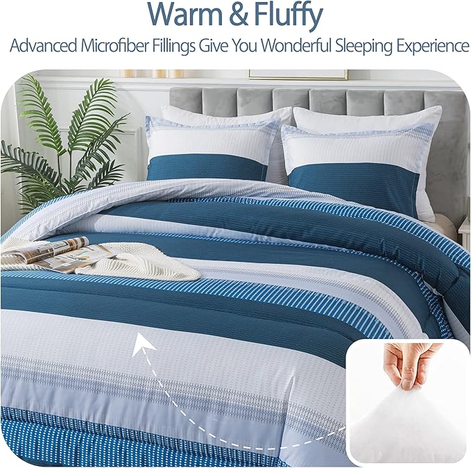 Andency Stripe Comforter Set Twin Size (66x90 Inch), 2 Pieces Navy Patchwork Striped Comforter, Soft Microfiber Down Alternative Comforter Bedding Set with Corner Loops