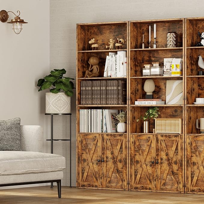 IRONCK Industrial Bookshelves and Bookcases with Doors Floor Standing 6 Shelf Display Storage Shelves 70 in Tall Bookcase for Home Office, Living Room