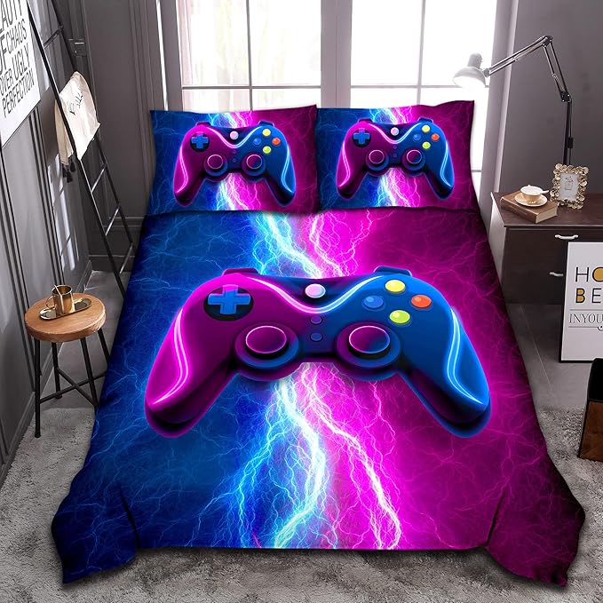Meeting Story Gamer Gaming Bedding Sets Red Blue Lightnings Gamepad Comforter Set for Boys Games Console Action Buttons Novelty Colorful Modern Room Decor Home Quilt Set (Blue-Purple, Twin)