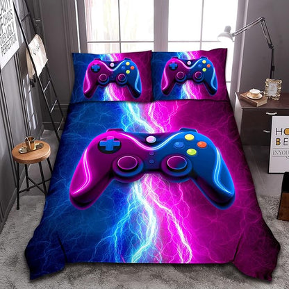 Meeting Story Gamer Gaming Bedding Sets Red Blue Lightnings Gamepad Comforter Set for Boys Games Console Action Buttons Novelty Colorful Modern Room Decor Home Quilt Set (Blue-Purple, Queen)