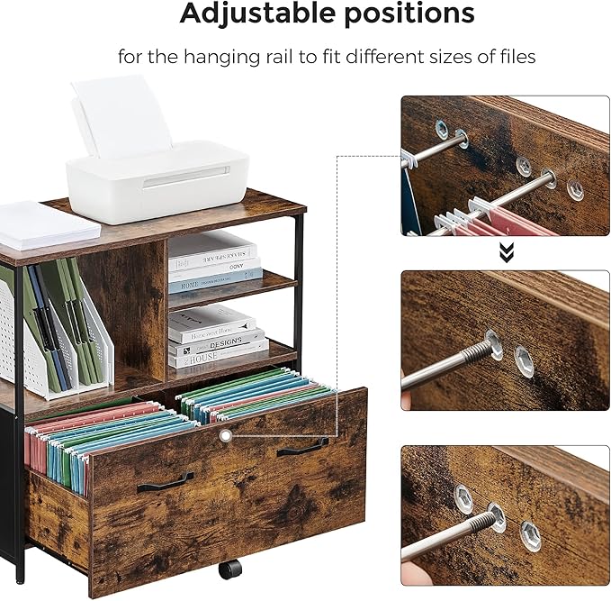 VASAGLE Lateral File Cabinet with Open Shelves and Drawer Mobile Filing Cabinet with Wheels