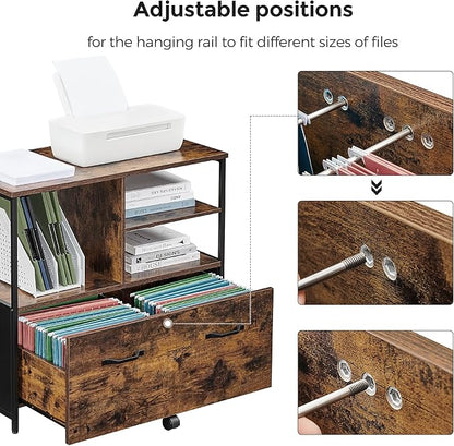 VASAGLE Lateral File Cabinet with Open Shelves and Drawer, for A4, Letter and Legal Sized Documents, Printer Stand, Rustic Brown + Black