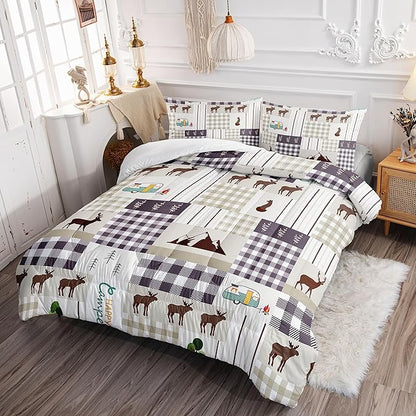 Datura home Happy Camper Comforter Set Rustic Lodge and Camper Deer Printed Quilt Bedding Set with 1 Comforter and 2 Pillowcases for Boys and Girls Bedroom All Season(Camper Queen)