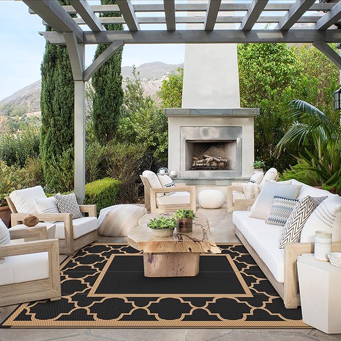 GENIMO 4 ' x 6 ' Outdoor Rug for Patio Clearance, Waterproof Indoor Outdoor Plastic Straw Rugs Carpet, Reversible Outside Area Rv Mat for Camping, Balcony Porch, Deck, Picnic, Beach (Black & Brown)