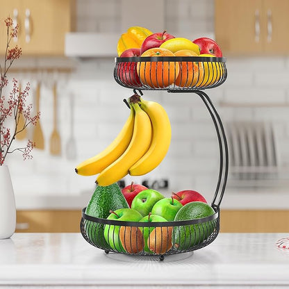 Simple Houseware 2-Tier Countertop Fruit Basket with Banana Hanger, Black