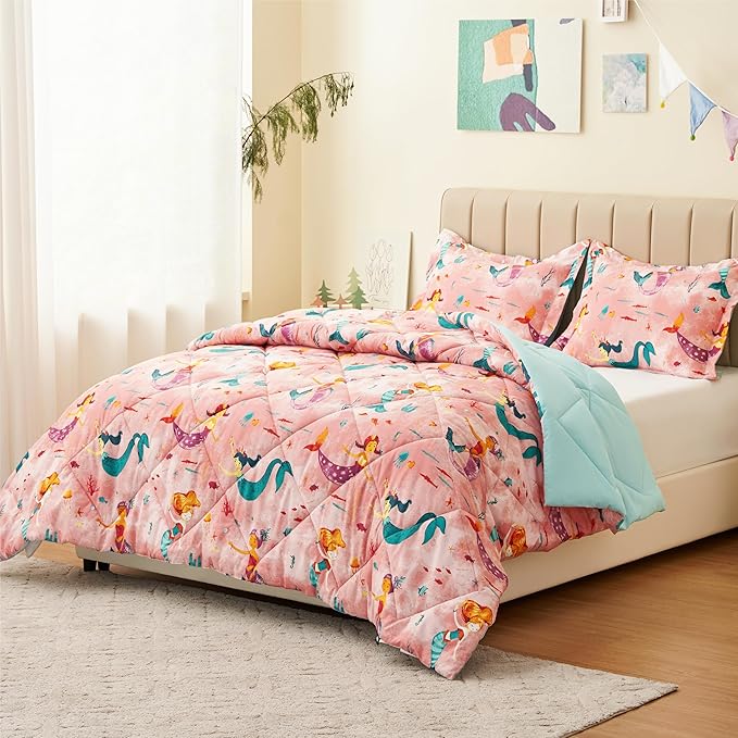 Twin Mermaid Bedding Sets for Girls, 2 Pieces Kids Twin Comforter Sets, Super Soft Lightweight for All Seasons, Includes 1 Comforter (66"x86") and 1 Pillowcase (20"x26"+2")