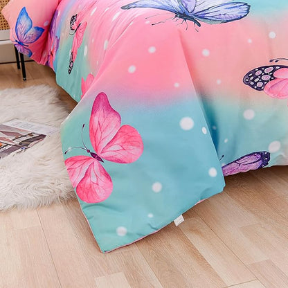 Btargot 3 Piece Butterfly Pattern Girls Comforter Set with 2 Pillow Covers, Gradient Line Rainbow Printed Bedding Set for Women, Full Multi Color