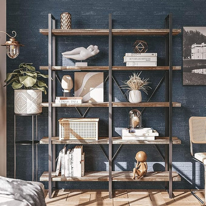 IRONCK Bookshelf, Double Wide 5-Tier Open Bookcase Vintage Industrial Large Shelves, Wood and Metal Etagere Bookshelves, for Home Decor Display, Office Furniture, 13D x 53.1W x 70H in