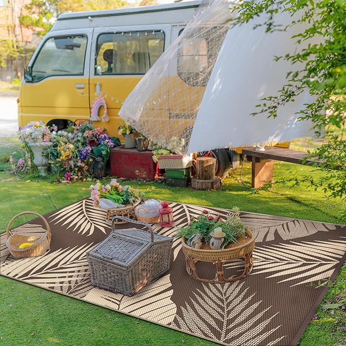 GENIMO Outdoor Rug 8' x 10' Waterproof for Patios Clearance, Reversible Outdoor Plastic Straw Camping Rug Carpet, Large Area Rugs Mats for RV, Camper, Deck, Balcony, Porch, Beach, Picnic, Coffee&Beige