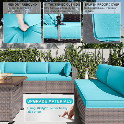 Kullavik 15PCS Outdoor Patio Furniture Set with 43" 55000BTU Gas Propane Fire Pit Table PE Wicker Rattan Sectional Sofa Patio Conversation Sets w/8 Coner Sofas,Blue