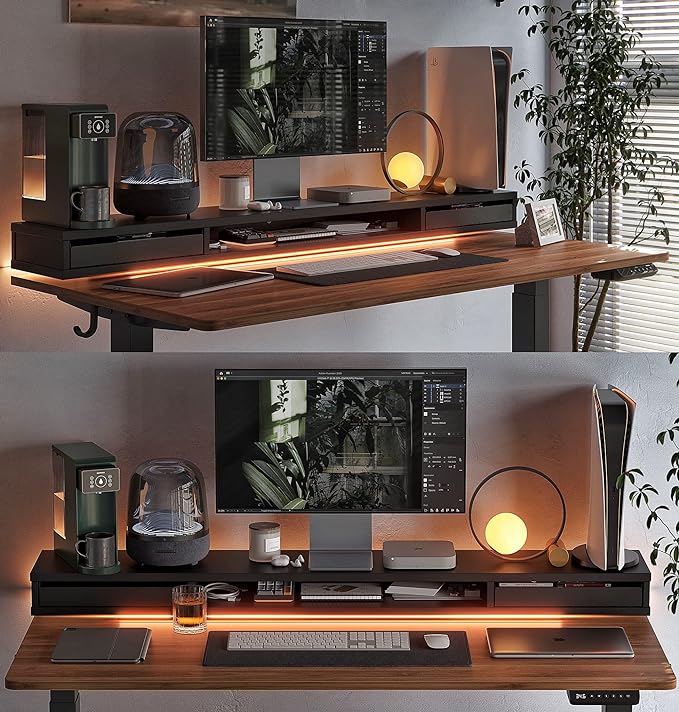 FEZIBO 55 x 24 Inch Height Adjustable Electric Standing Desk with Double Drawers, Stand Up Desk with LED Strips, Sit Stand Desk with Monitor Stand, Blcak Walnut