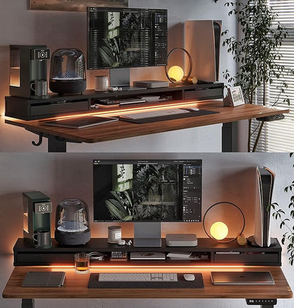 FEZIBO 55 x 24 Inch Height Adjustable Electric Standing Desk with Double Drawers, Stand Up Desk with LED Strips, Sit Stand Desk with Monitor Stand, Blcak Walnut