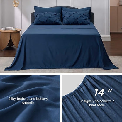 Bedsure Navy Comforter Set Queen - Bed in a Bag Queen 7 Pieces, Pintuck Bedding Sets Navy Blue Bed Set with Comforter, Sheets, Pillowcases & Shams