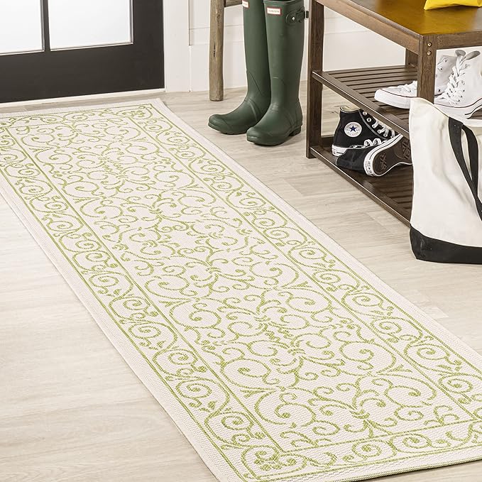 JONATHAN Y Vintage Filigree Indoor Outdoor Runner Rug 2X10 Cream/Green, Charleston Textured Weave for Backyard, Patio, Porch, Easy-Cleaning, High Traffic, Pet-Friendly, Non-Shedding (SMB106I-210)