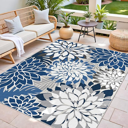 Indoor Outdoor Area Rug Washable Multicolored Patio Rug Tropical Botanical Modern Floral Indoor Outdoor Carpet Blue White Rug Non Slip for Patio, Deck, Backyard, Porch (8x10)