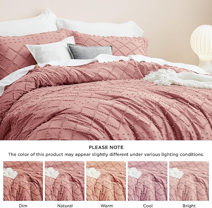 Bedsure Full Size Comforter Set - Pink Clay Comforter, Boho Tufted Shabby Chic Bedding Comforter Set, 3 Pieces Vintage Farmhouse Bed Set for All Seasons, Fluffy Soft Bedding Set with 2 Pillow Shams
