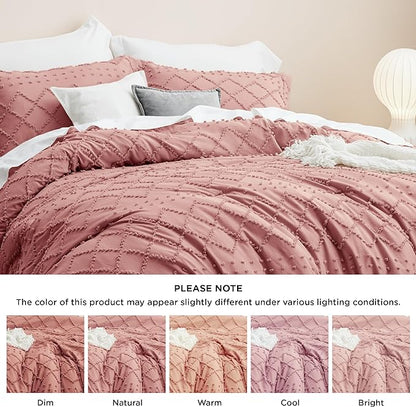 Bedsure Queen Comforter Set - Pink Clay Boho Comforter, Tufted Shabby Chic Bedding Comforter Set, 3 Pieces Vintage Farmhouse Bed Set for All Seasons, Fluffy Soft Bedding Set with 2 Pillow Shams