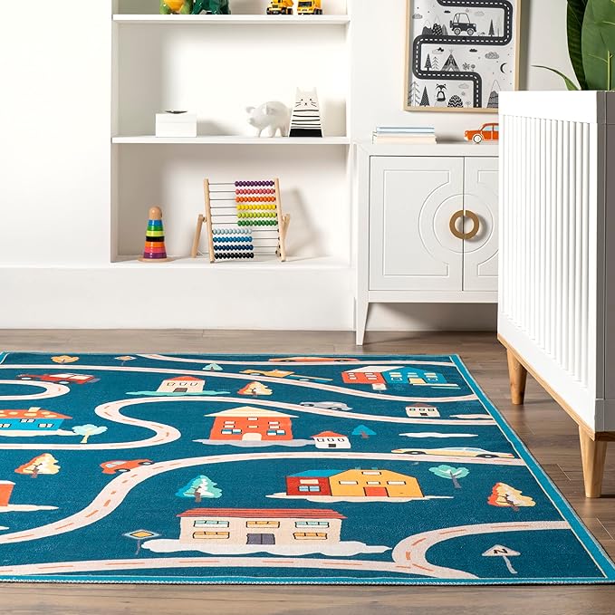 nuLOOM Zita Neighborhood Machine Washable Kids Ultra Thin Area Rug, 3' x 5', Blue Multi