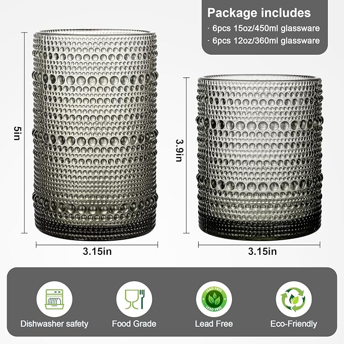 KMIGRUAN Hobnail Drinking Glasses Set of 12, 15Oz & 12Oz Cocktail Glasses | Grey Vintage Highball Glasses, Embossed Beaded Water Tumbler for Juice and Various Mixed Drinks, Kitchen Drinking Glasses