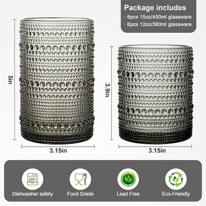KMIGRUAN Hobnail Drinking Glasses Set of 12, 15Oz & 12Oz Cocktail Glasses | Grey Vintage Highball Glasses, Embossed Beaded Water Tumbler for Juice and Various Mixed Drinks, Kitchen Drinking Glasses