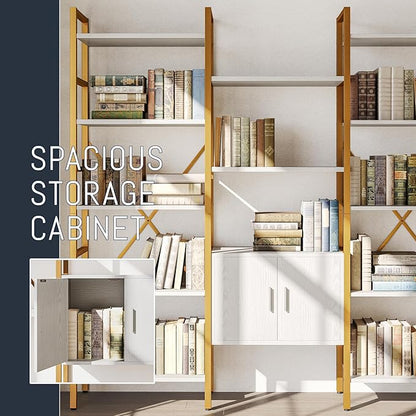 Triple 5 Tier Bookshelf, Industrial Large Bookcase with Storage Cabinet, Tall Gold Bookshelf with 14 Open Display Shelves Metal Frame Furniture for Living Room Bedroom Home Office Gold & White