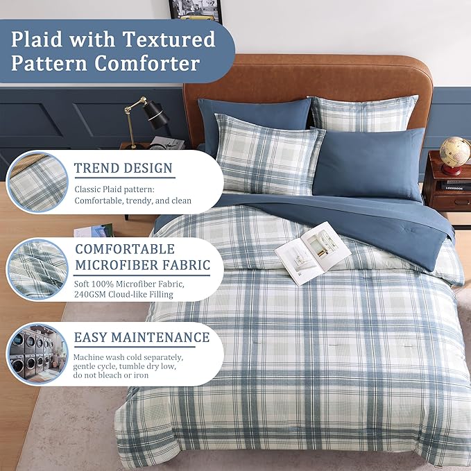 Blue Twin XL Comforter Set, Plaid Twin Comforter Set for Boys & Girls,Classic Homestead-style Twin Bed Set with Sheets and Comforter Set