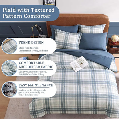 Blue Comforters Queen Size, Plaid Queen Bed Set for Boys & Girls,Classic Homestead-style Queen Size Comforter Sets with Sheets and Comforter Set
