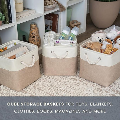 OrganiHaus 12x12 Cube Storage Bins 4 Pack, Foldable Cube Storage Organizer w/ Rope Handles, Collapsible Fabric Bins for Toys, Clothes & Closet Organization, Fabric Square Baskets - Beige/White