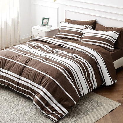 Bedsure Bed in a Bag California King Size 7-Piece Brown White Striped Bedding Comforter Sets All Season Bed Set, 2 Pillow Shams, Flat Sheet, Fitted Sheet and 2 Pillowcases
