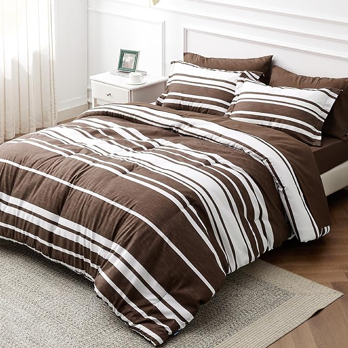 Bedsure Queen Comforter Set 7-Piece Brown White Striped Bed in a Bag All Season Reversible Bed Set, 2 Pillow Shams, Flat Sheet, Fitted Sheet and 2 Pillowcases