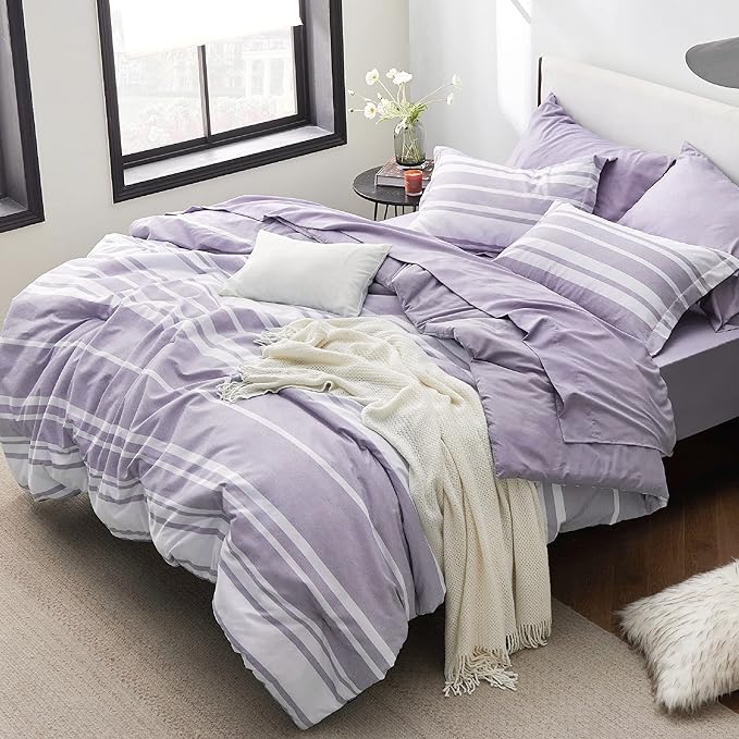 Bedsure Bed in a Bag California King Size 7 Pieces, Purple White Striped Bedding Comforter Sets All Season Bed Set, 2 Pillow Shams, Flat Sheet, Fitted Sheet and 2 Pillowcases
