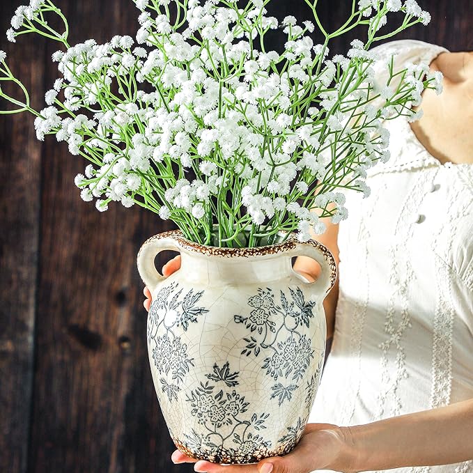Enra Vintage vase with Handle,Blue and White Ceramic Decorative Flower vase, Chinoiserie Floral Vase,Large Rustic Vases for Home Decors, Living Room, Bookshelf, Office,7.8 in