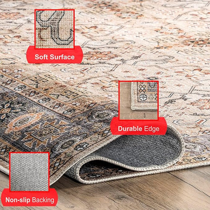 nuLOOM Annelle Floral Border Machine Washable Ultra Thin Area Rug, 4' x 6', Beige