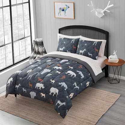 Kids Bedding Set Bed in a Bag for Boys and Girls Toddlers Printed Sheet Set and Comforter, Full, Safari