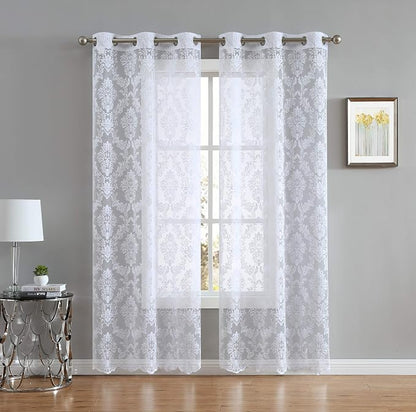 LinenZone 38 x 84 Luxury White Knitted Lace Curtains. (Lisa 38 x 84, White) | 2 Elegant Knitted Lace Curtains with Floral Damask Design and Scalloped Bottom in 63, 84 and 96 Inch Sizes.