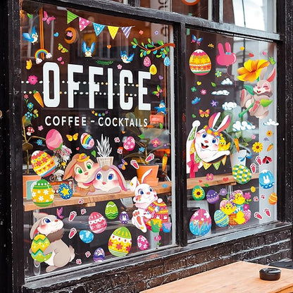 Large Easter Window Clings - Bunny Window Stickers Decals for Glass Windows, Cute Easter Egg Double Sided Reusable Window Holiday Decorations, Bird Office Spring Patry Decor, 9Sheet/121PCS